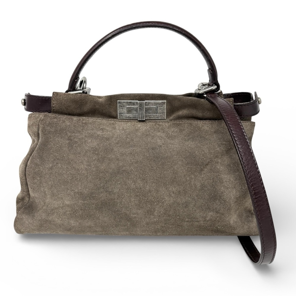 Fendi Peekaboo Top Handle Bag Dove Grey Suede Medium Silver Hardware